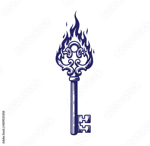 Intricate ornamental key burning with flames on a white background vector illustration