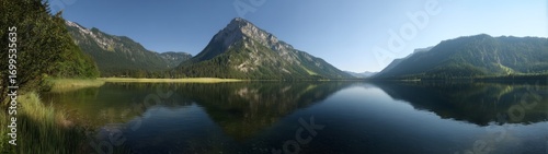 Scenic hdr panoramic landscape mountain lake