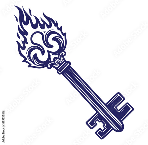 Ornamental key with flame design symbolising access secrets protection or solutions
