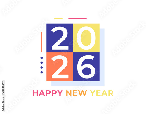 Happy New Year 2026 concept. Illustration of a rectangle with the number 2026. Celebration, greeting, calendar element, poster, banner. White background. Orange, yellow, and dark blue colors.