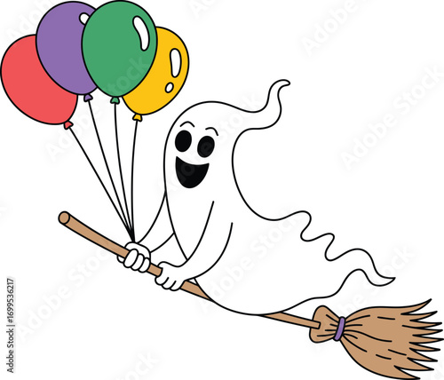 Cartoon ghost flying on broomstick with balloons vector