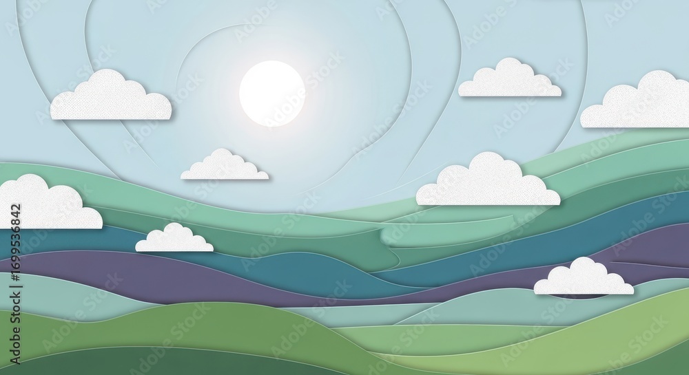 Fototapeta premium Paper Cutout Landscape with Clouds and Sun