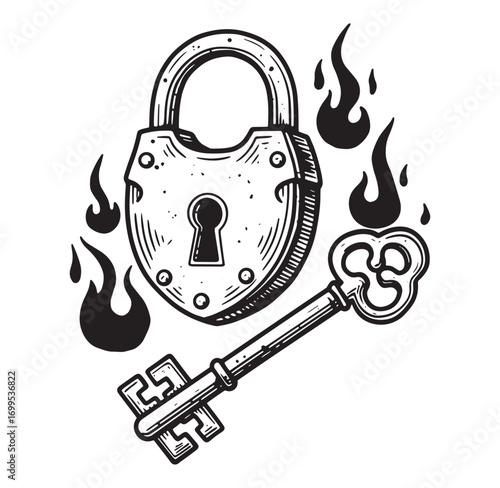 Vintage style illustration of a padlock with key and flames for security concepts