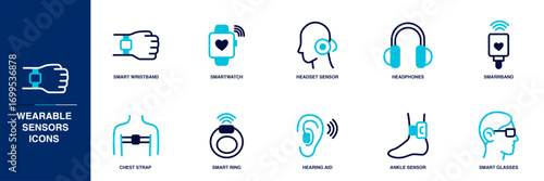 Wearable Sensors Building Blue Colored Outline Icon Set