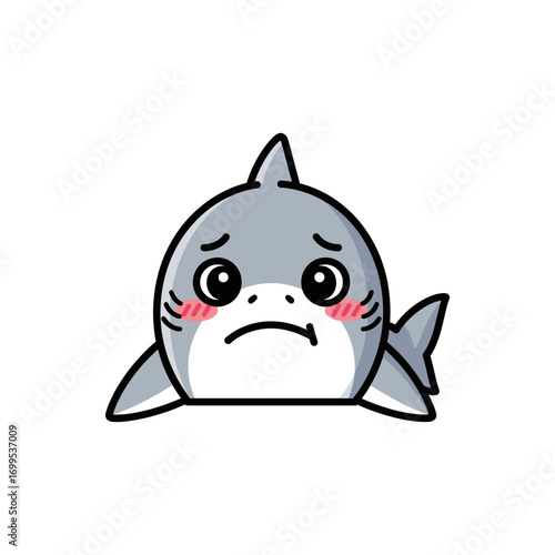 A cute cartoon baby shark with a sad, frowning expression and blushing cheeks, peeking over a surface.