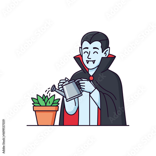 Cartoon vampire watering a plant in a pot with a watering can.