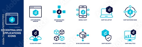 Decentralized Applications Building Blue Colored Outline Icon Set