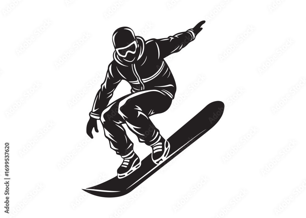 Fototapeta premium Snowboarder silhouette in action wearing helmet and goggles, dynamic winter sport movement vector illustration.