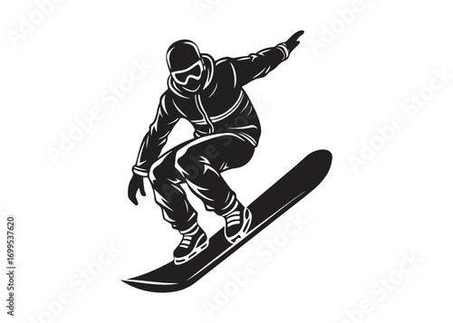 Snowboarder silhouette in action wearing helmet and goggles, dynamic winter sport movement vector illustration.