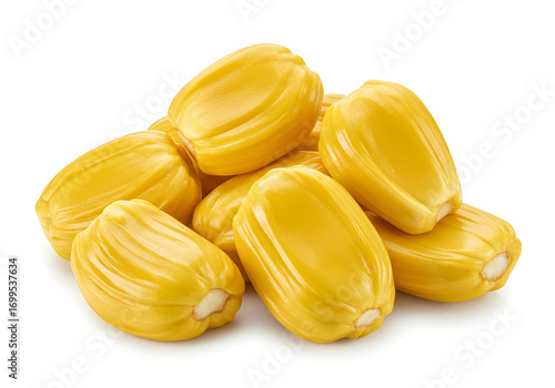 Close-up of a pile of fresh yellow jackfruit segments on a white background, ready to eat and enjoy, a tropical delight for health-conscious foodies.