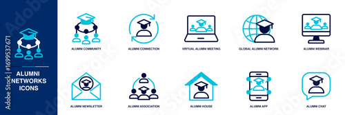 Alumni Networks Building Blue Colored Outline Icon Set