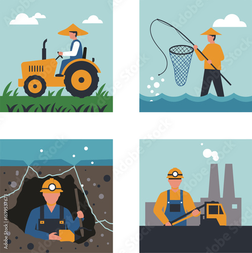 Farmer driving tractor fisherman with net miner in mine worker at factory.