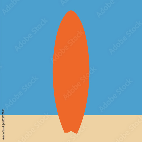 A vibrant orange surfboard with a swallowtail standing vertically in a minimalist flat design style.