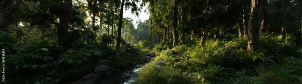 Fototapeta premium Serene forest stream nature retreat hdr panoramic view lush environment early morning light