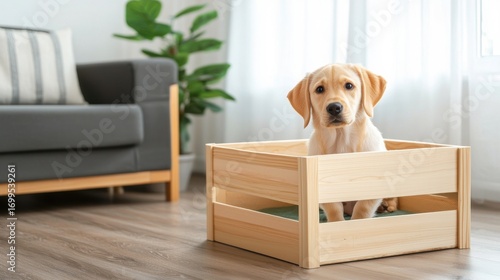 Cute yellow Labrador puppy sitting in wooden crate indoors with bright sunlight and modern furniture backdrop