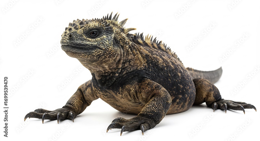 Obraz premium L�zard marin puissant pose sereinement lumi�re naturelle intense fond blanc. AI Generated