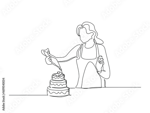 Continuous line art drawing of woman cooking sweat cake. Pastry chef preparing sweat cake in single line art drawing vector illustration. Editable stroke.