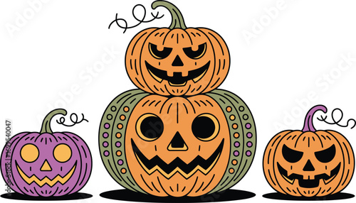 Three carved pumpkins stacked and side by side halloween