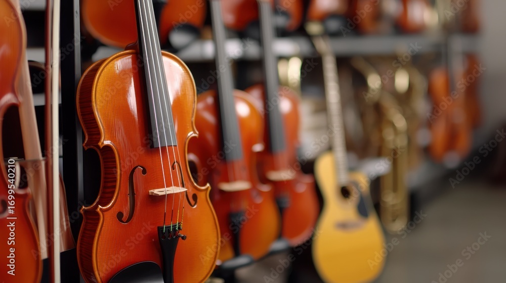 Naklejka premium Colorful Collection of Violins and Guitars Displayed Neatly in a Music Store Showroom for Musical Enthusiasts