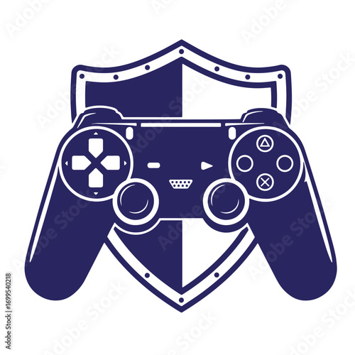 Gaming controller shield protection symbol illustrating video game security and cyber defense