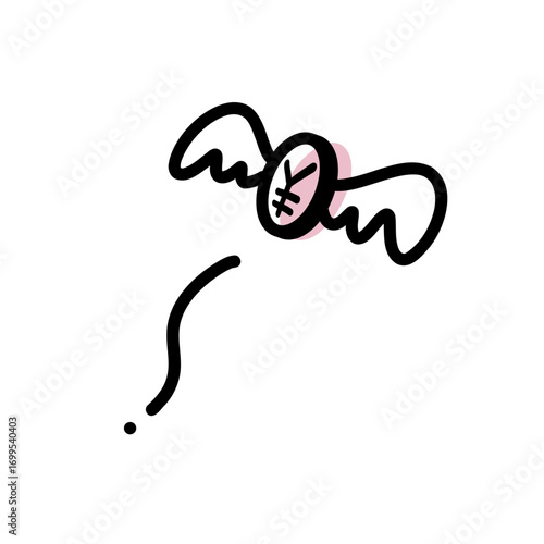 線画　飛んでいくコイン　ピンク