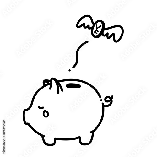線画　泣いている豚の貯金箱と飛んでいくお金