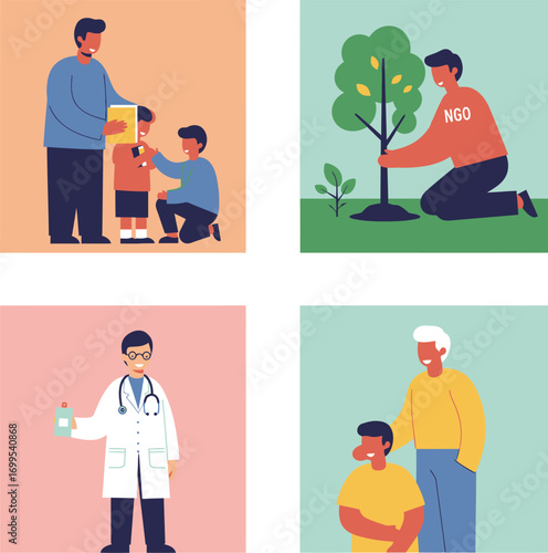 Diverse community service illustrations: education environment healthcare and intergenerational support.