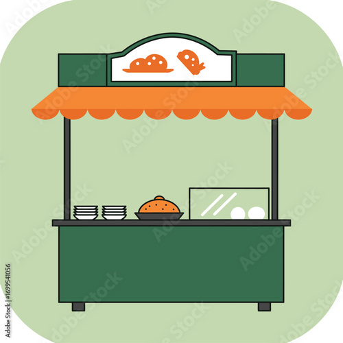 Vector Illustration of a Green and Orange Food Stall with Displayed Food Items.