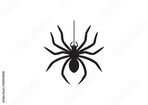 Black hanging spider silhouette flat vector style for Halloween design isolated on white.