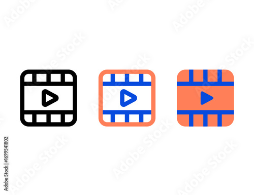 Three distinct play button icons on film strips
