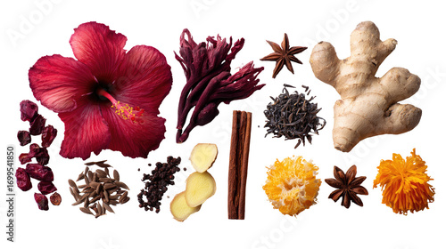 Assorted culinary ingredients arranged on a transparent background