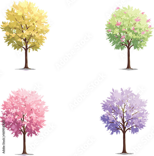 Colorful seasonal trees set, hand-drawn foliage design in pastel tones, spring and autumn nature elements, cad drawing flat vector illustration