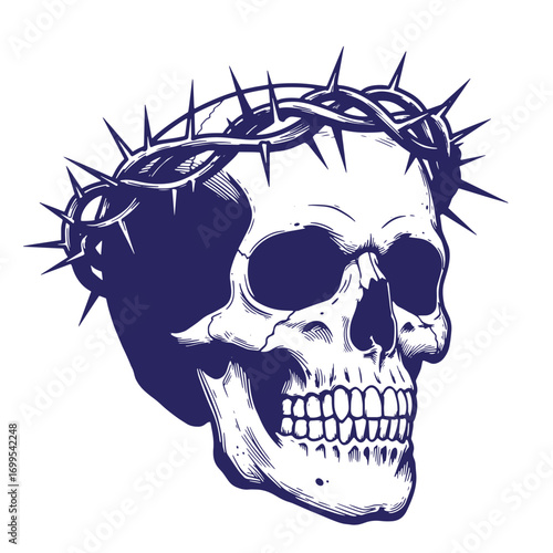 Intricate illustration of a skull adorned with a crown of thorns against a white background