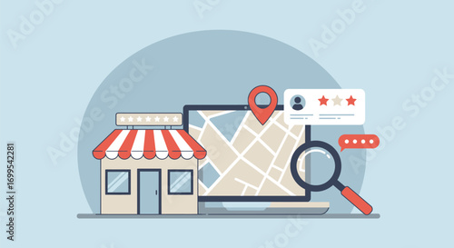 Local Business Search: Storefront with Location Pin and Online Reviews