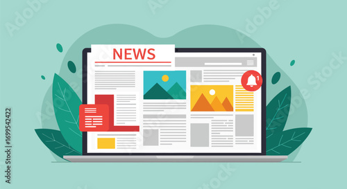 Online News: Laptop Displaying News Articles and Notifications