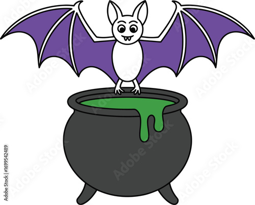 Cartoon bat with purple wings above cauldron vector