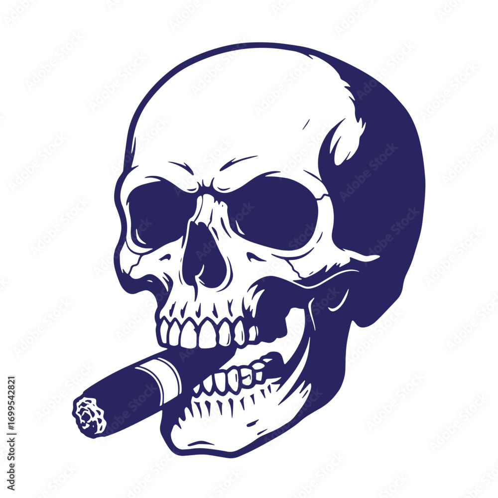 Fototapeta premium Intricate vector illustration of a skull smoking a cigar in a distinctive blue and white design