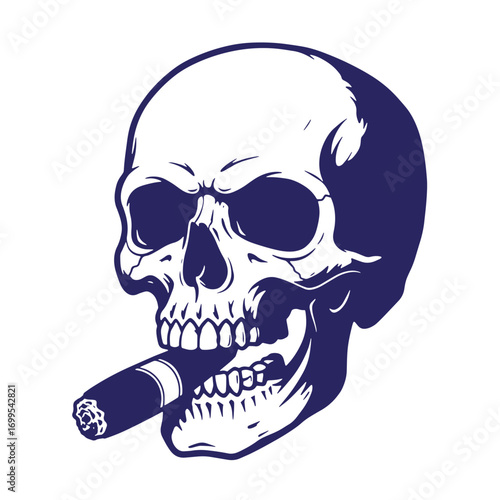 Intricate vector illustration of a skull smoking a cigar in a distinctive blue and white design