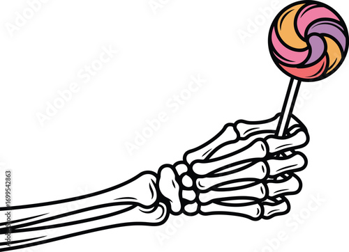 Skeleton hand holding colorful swirl lollipop candy
