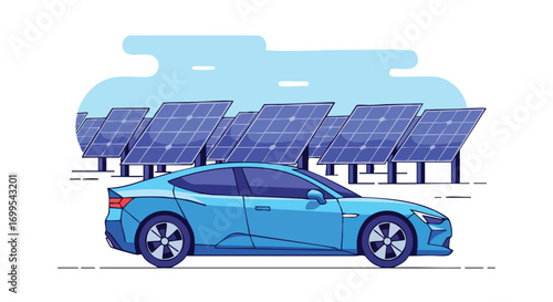 Electric vehicle parked near solar panels showcasing clean energy solutions for sustainable transportation and eco-friendly living, perfect for illustrating renewable energy adoption