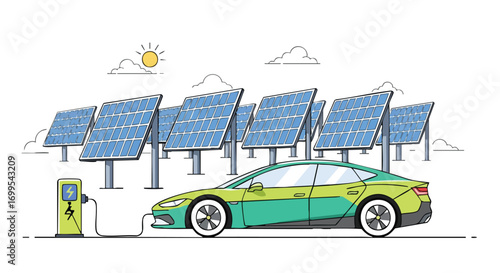 Electric vehicle charging with solar panels, showcasing renewable energy infrastructure for sustainable transportation solutions and eco-friendly automotive technology