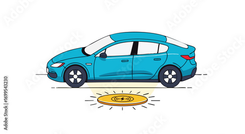 Illustration of a blue car charging wirelessly on a charging pad, suitable for demonstrating electric vehicle technology and sustainable transport solutions
