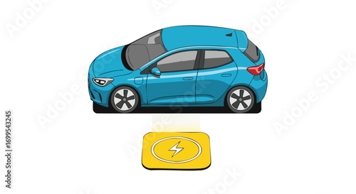 Blue electric car charging wirelessly on a yellow pad, illustrating sustainable transportation technology and automotive design for eco-friendly initiatives