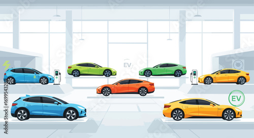 Electric vehicle showroom featuring diverse color options and charging stations. Ideal for showcasing sustainable automotive technology, eco-friendly transportation, and electric car design.