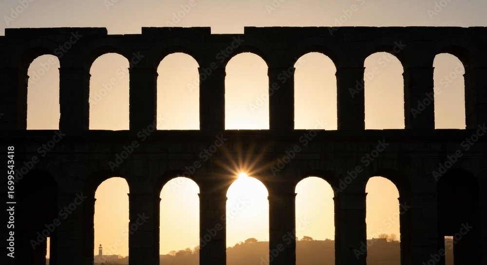 Fototapeta premium Sunburst through the arches of an ancient Roman aqueduct
