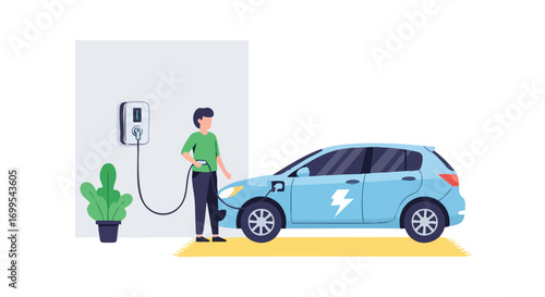 Electric vehicle charging at home station featuring modern design and sustainable energy. Ideal for illustrating green transportation, eco-friendly lifestyle, and renewable energy solutions.