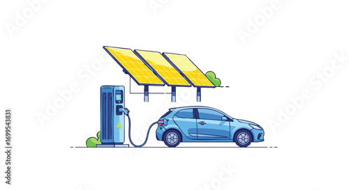 Electric vehicle charging at a solar panel station illustration, suitable for showcasing sustainable energy, eco-friendly transportation, and renewable energy solutions.