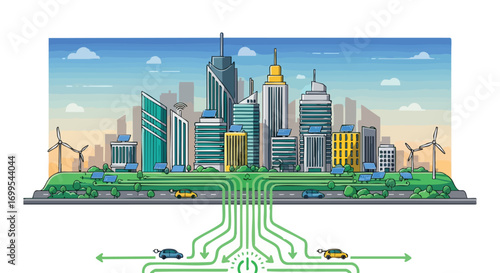 Illustrated smart city with renewable energy sources, electric vehicles, and green infrastructure, showcasing sustainable urban development and environmental technologies
