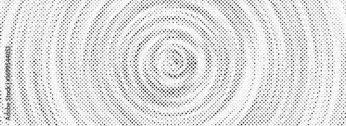 Black halftone concentric circle background. Dotted radial gradient texture. Rippled sound wave ring wallpaper. Vector rasterized rough backdrop for epicenter, target, radar signal, vibration concept