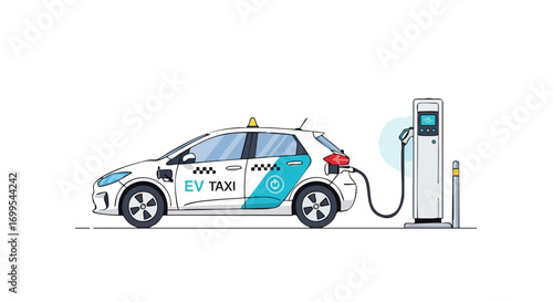 Electric taxi charging at a station, promoting sustainable transportation, highlighting eco-friendly technology, and supporting environmental awareness initiatives.